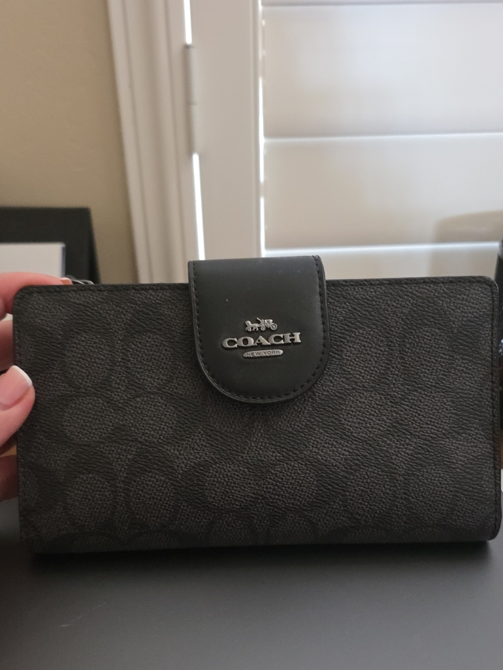 Coach Black Signature Continental Wallet with Silver Logo